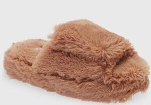 BP Fawn Slide Slippers 9 10 NWOT Plush Faux Fur Adjustable Slides Slip On Tan